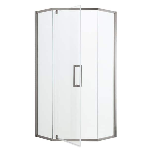 Logmey Shower Door 34-1/8 in. x 72 in. Semi-Frameless Neo-Angle Bifold Door Shower Enclosure in Brushed Nickel with Clear Glass