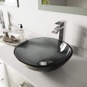 Glass Round Vessel Bathroom Sink in Sheer Black with Duris Faucet and Pop-Up Drain in Chrome