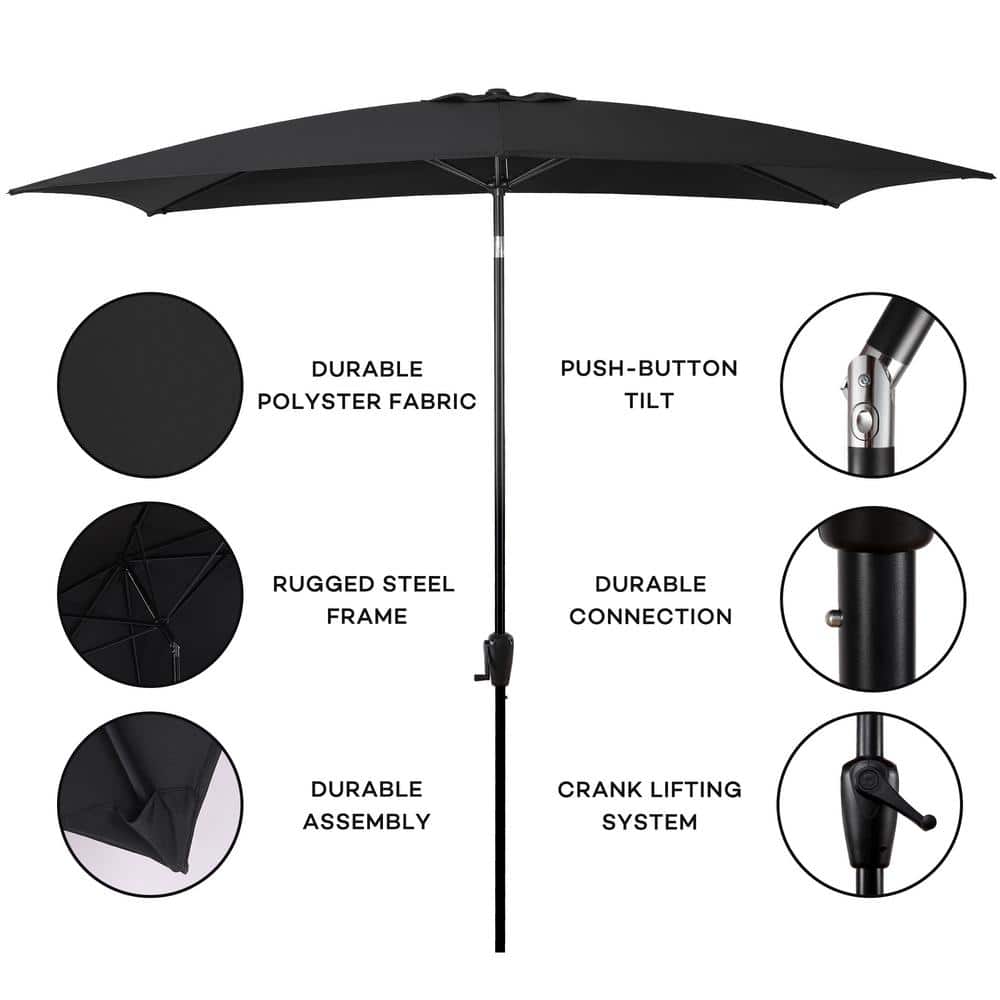 Black Rectangular Steel Market Patio Umbrella with Crank Lift and Push-Button Tilt