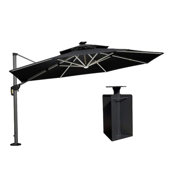 PURPLE LEAF 12 ft. Octagon Aluminum Solar Powered LED Patio Cantilever Offset Umbrella with Base in Ground, Black