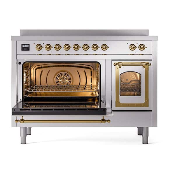 Nostalgie II Noblesse 48 in. 6 Induction Elements Double Oven Induction Range in Stainless Steel with Brass Trim