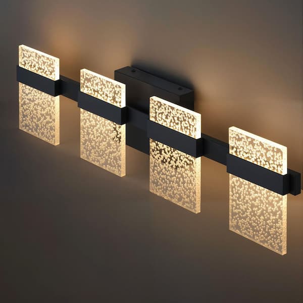 27.6 in. 4-Light Black LED Vanity Light with Clear Seedy Acrylic Shade