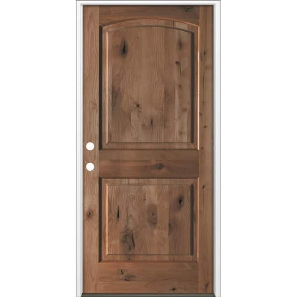 30 in. x 80 in. Rustic Knotty Alder 2-Panel Arch Top Right-Hand/Inswing BEHR True Black Stain Wood Prehung Front Door