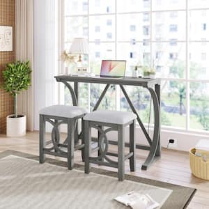 Farmhouse 3-Piece Gray MDF Top Counter Height Dining Table Set with USB Port and 2 Upholstered Stools for Small Places