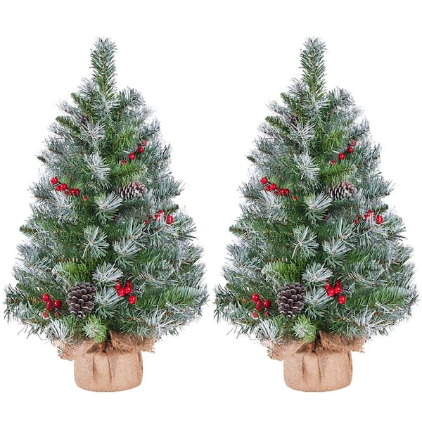 Battery-Operated Mini Frosted Artificial Christmas Tree with Pinecones and Warm White LED Lights