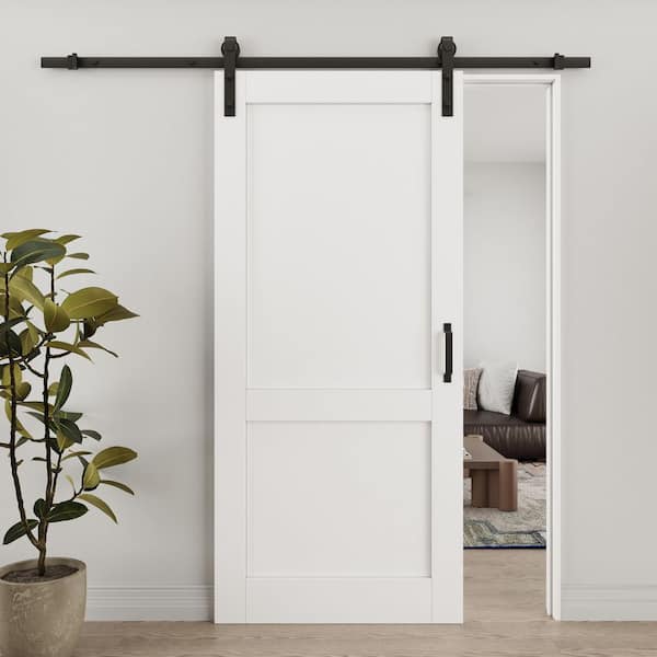 36 in. x 80 in. Paneled 2 Lite White Primed Solid Core MDF Sliding Barn Door with Hardware Kit