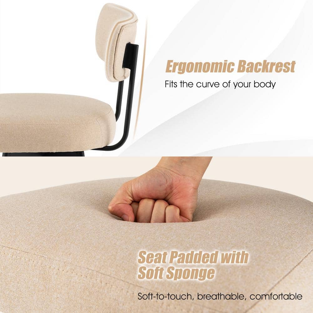Close-up of the ergonomic backrest and padded seat of a beige bar stool.