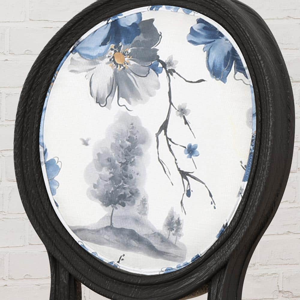 Elegant Noir High-Back Wood Side Chair with Floral Cushion, Set of 2