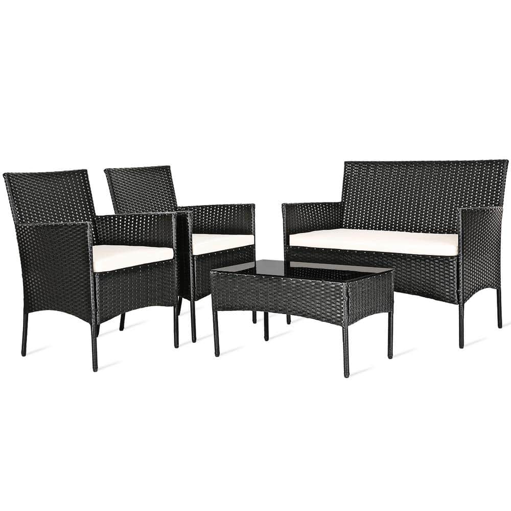 4-Piece Wicker Outdoor Loveseat Furniture Set Chairs Sofa with Beige Cushions price history on PriceWatchPro