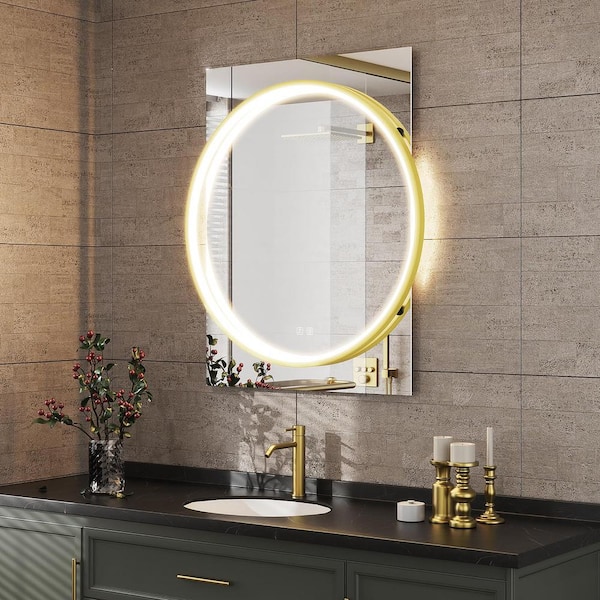 HOMEIBRO 24 in. W x 32 in. H Framed LED Light with Dimmable and Anti-Fog Wall Mounted Bathroom Vanity Mirror in Gold