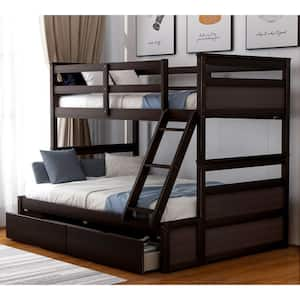 Espresso Solid Wood Twin Over Full Bunk Bed with 2-Storage Drawers