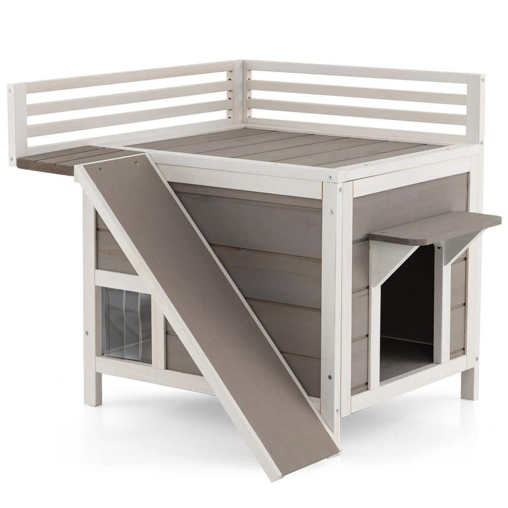 ANGELES HOME Outdoor White and Gray Wooden 2-Lever Cat House with Escape  Door, Waterproof Roof, Slide M10062GRPV8 - The Home Depot