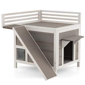 Outdoor White and Gray Wooden 2-Lever Cat House with Escape Door, Waterproof Roof, Slide