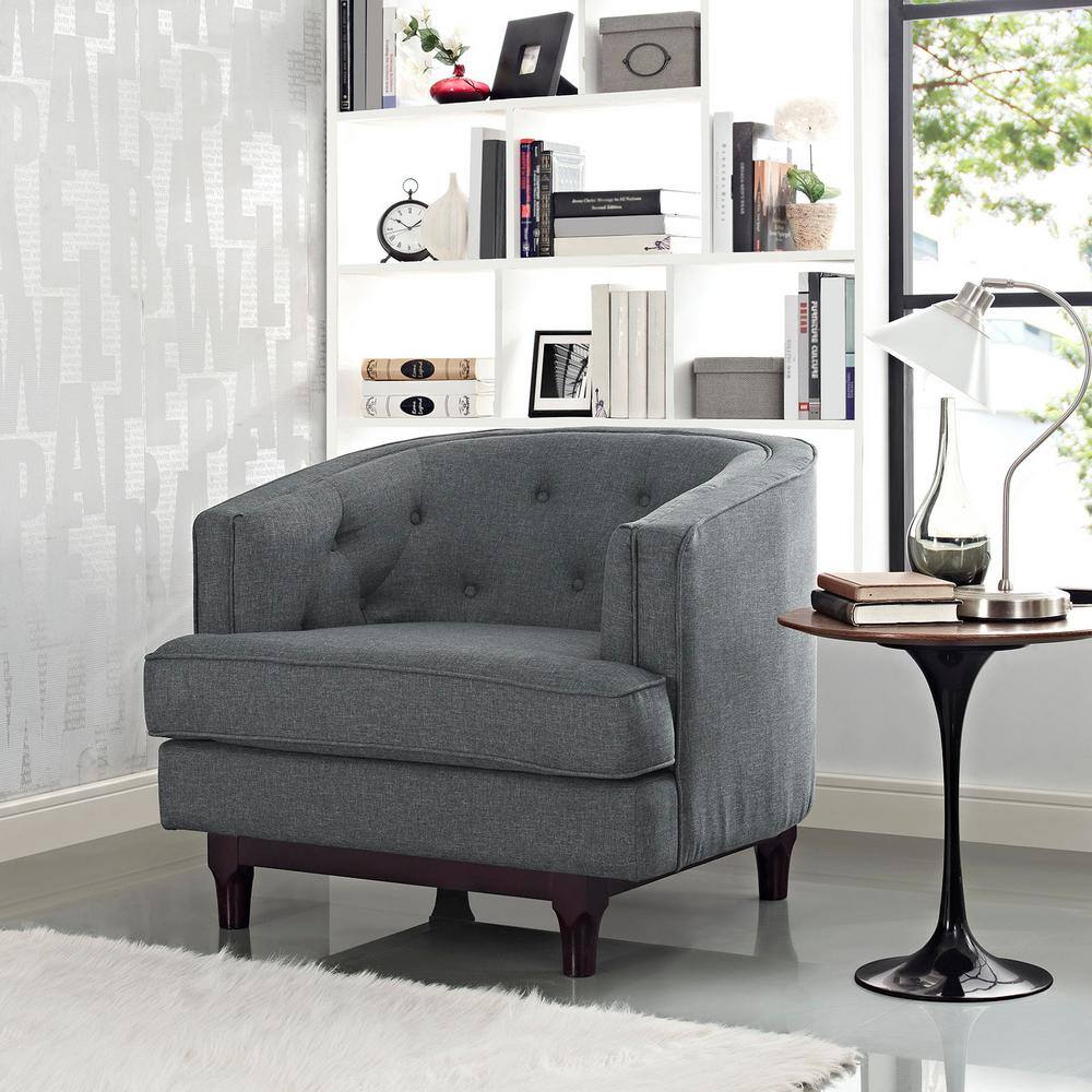 Coastal Gray Barrel Accent Chair with Walnut Wood Legs