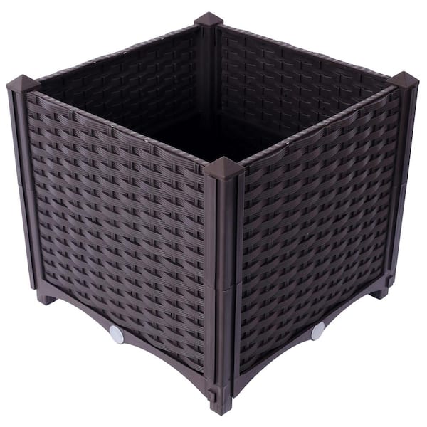 Zeus & Ruta 15.7 in. Brown Plastic Square Outdoor Raised Planter Boxe Self-Watering Planter Box Raised Bed to Grow Flowers