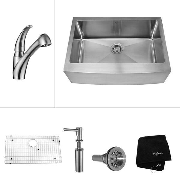 KRAUS All-in-One Farmhouse Apron Front Stainless Steel 30 in. Single Basin Kitchen Sink with Faucet in Stainless Steel