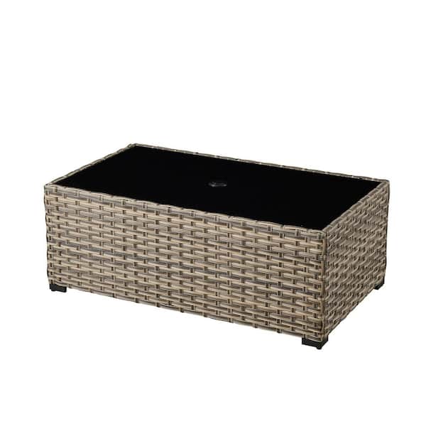 OculusP Rectangle Wicker Outdoor Patio Coffee Table with Tempered-Glass Top and Umbrella Hole
