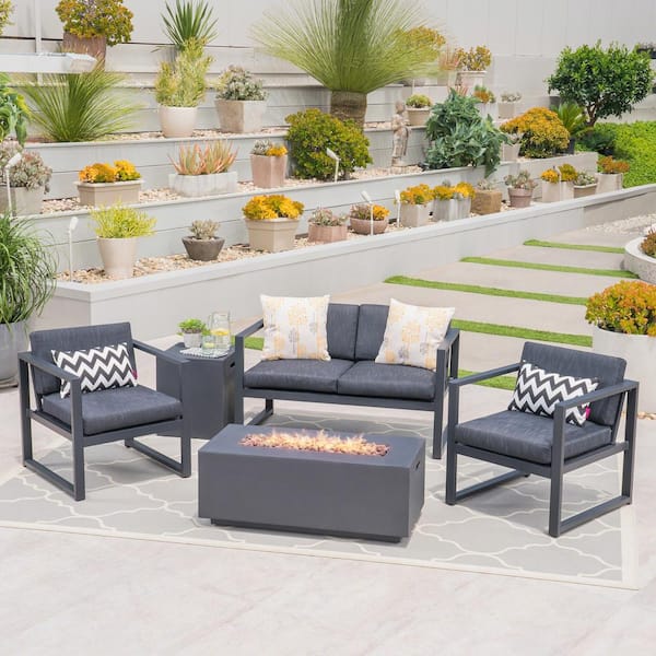 Noble House Camiguin Dark Gray 5-Piece Aluminum Patio Fire Pit Conversation Set with Dark Gray Cushions