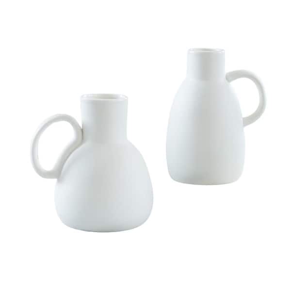 Afoxsos White Ceramic Vase Set - 2 Small Vases with Handle, Pottery Vases for Modern Home Decor, Minimalist Matte Pitcher