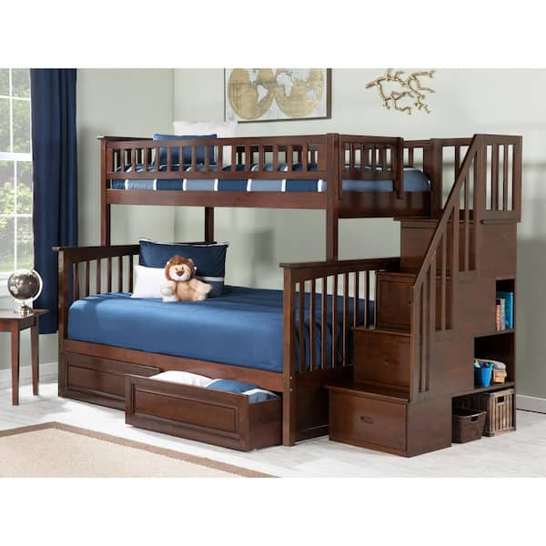 AFI Columbia Staircase Bunk Bed Twin over Full with 2-Raised Panel Bed Drawers in Walnut