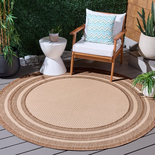 Courtyard 7 ft. x 7 ft. Round Beige/Dark Beige Solid Color Striped Indoor/Outdoor Area Rug