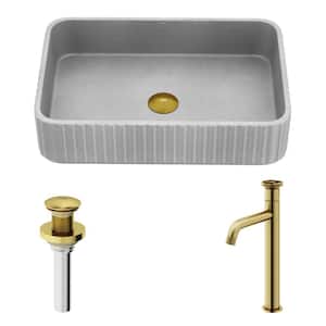 Windsor Gray Concreto Stone Rectangular Fluted Vessel Sink with Cass Faucet and Pop Up Drain in Matte Brushed Gold