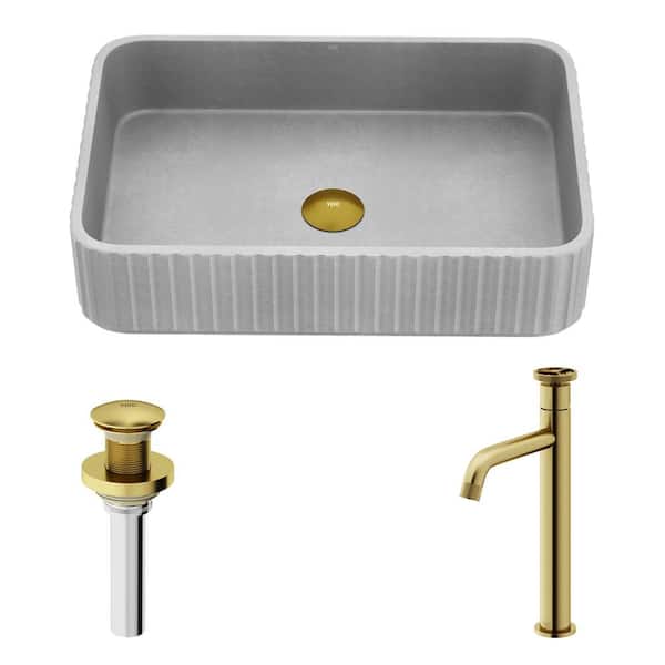 VIGO Windsor Gray Concreto Stone Rectangular Fluted Vessel Sink with Cass Faucet and Pop Up Drain in Matte Brushed Gold