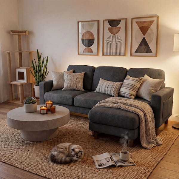 LACOO L-Shaped Sofa 72 in. Square Arm 1-Piece Linen Sectional Sofa with a Movable Chair as a Footstool, Dark Gray