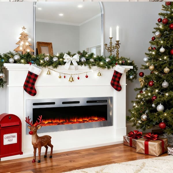 50 in. Stainless Steel Wall Mounted Electric Fireplace with Remote Control in Silver