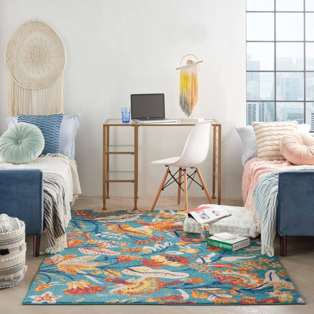 Allur Turquoise Multicolor Floral Synthetic 5' x 7' Area Rug
