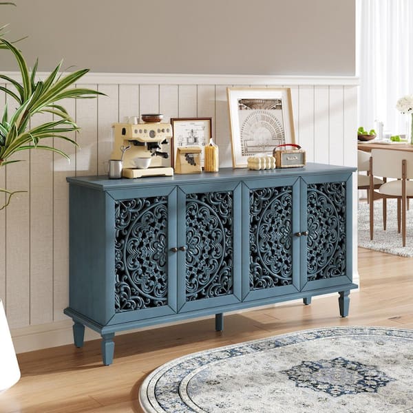 Antique Blue TV Stand Fits TV's Up to 65 in. with Solid Wood Legs,Antique Brass Handles and Adjustable Shelves