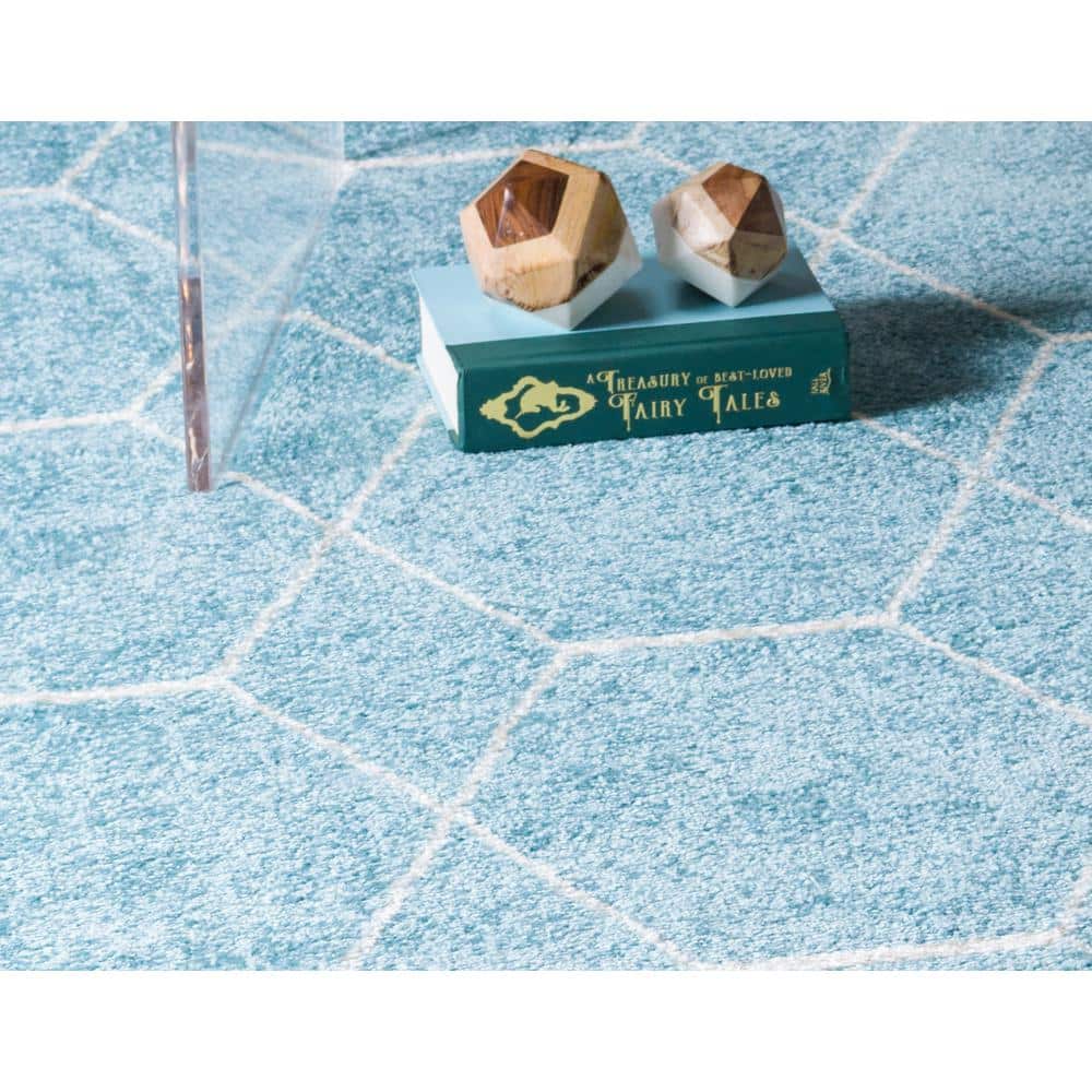 Light Blue and Ivory Round Geometric Trellis Rug