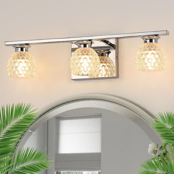 JUSHENG 17.72 in. 3-Light Chrome Bathroom Vanity Light with Glass Shades for Bathroom