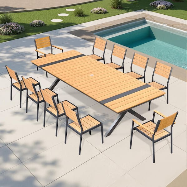 Brown 11-Piece 118 in. Aluminum Wood-Like Rectangular Patio Outdoor Dining Set with Armed, Non-Arm Chairs, Umbrella Hole