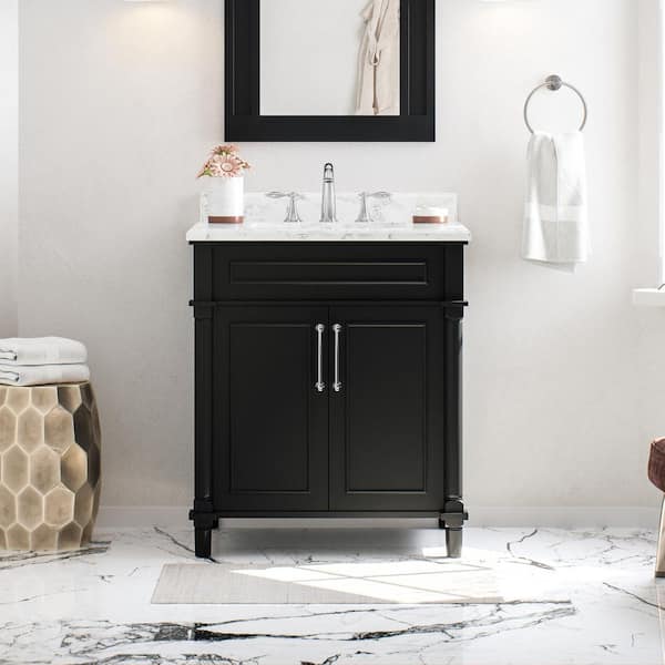 Home Decorators Collection Aberdeen 30 in. Single Sink Freestanding Black Bath Vanity with Carrara Marble Top (Assembled)