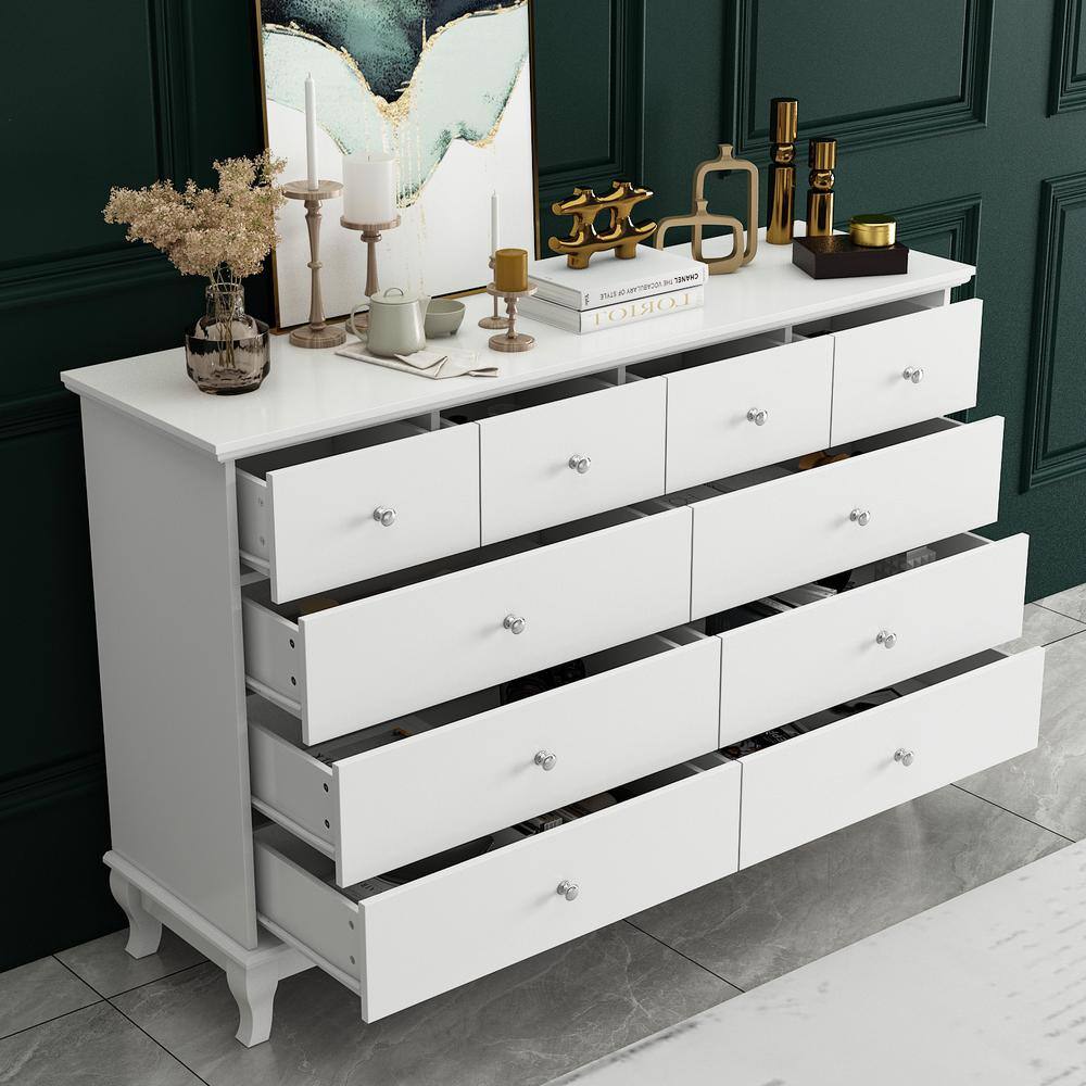 White 10-Drawer 55.1 in. W Wood Paint Finish Dresser Chest of Drawers Cabinet - thumbnail 2