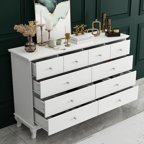 White 10-Drawer 55.1 in. W Wood Paint Finish Dresser Chest of Drawers Cabinet