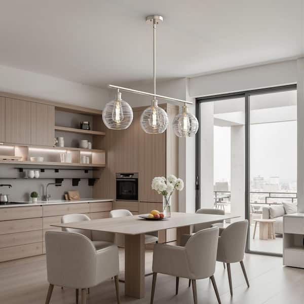 3-Light Brushed Nickel Modern Island Pendant Light Fixtures, Linear Chandelier Hanging Light with Clear Glass Shade