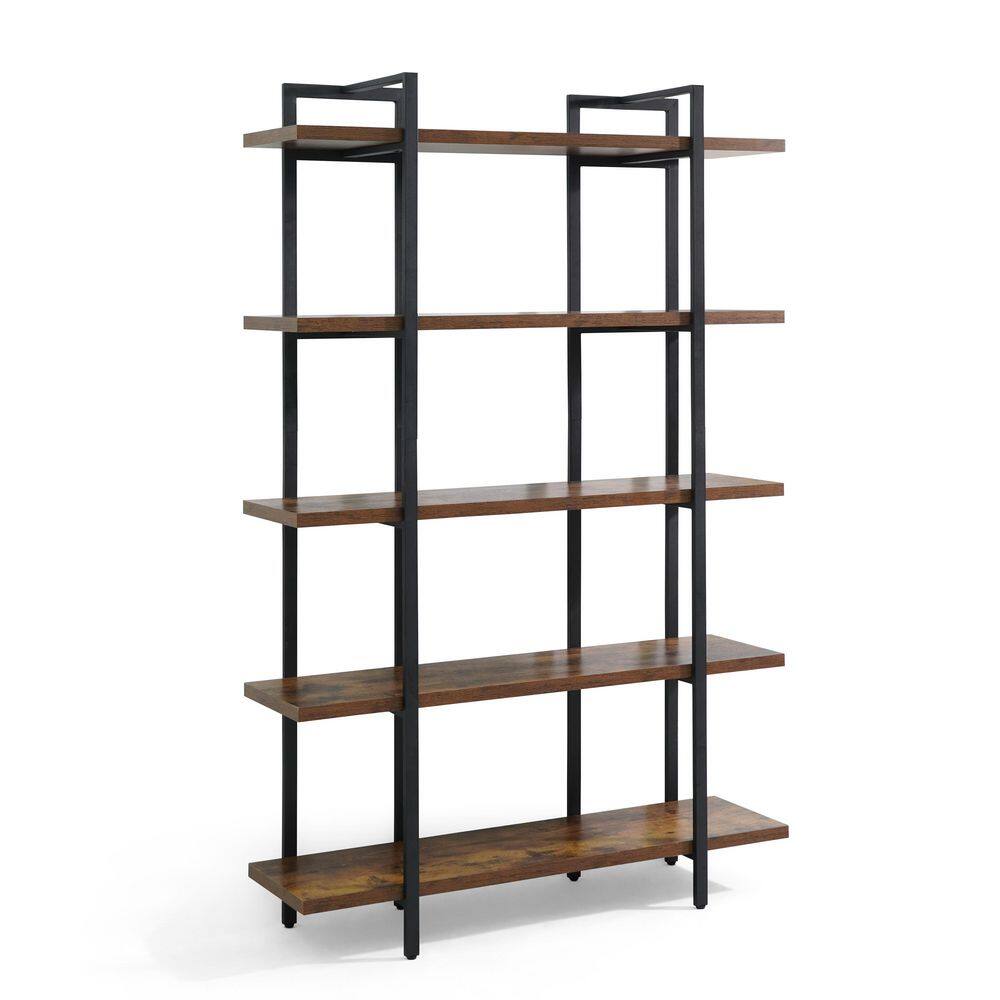 71 in. Tall Rustic Oak Metal MDF 5-Shelf Bookcase with Open Display Shelves