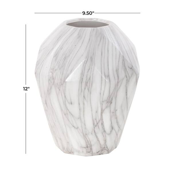 12 in. White Faux Marble Ceramic Decorative Vase