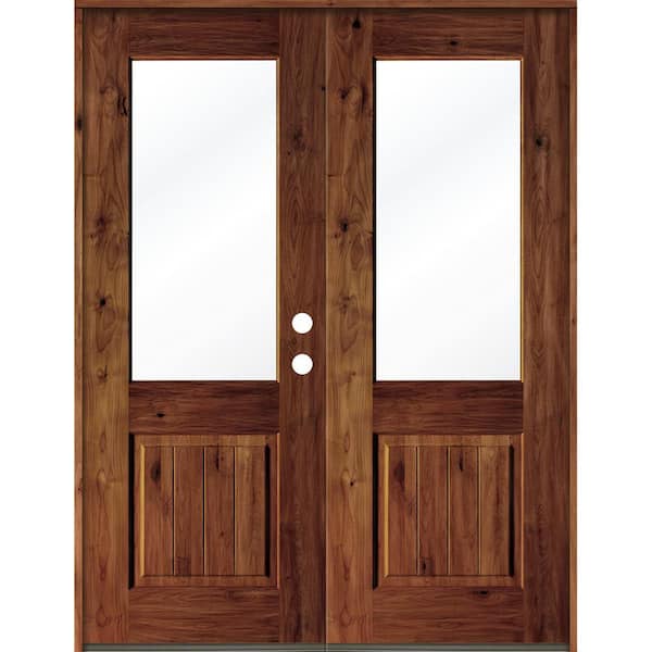 Krosswood Doors 64 in. x 96 in. Rustic Knotty Alder Wood Clear Half-Lite Red Chestnut Stain/VG Left Active Double Prehung Front Door