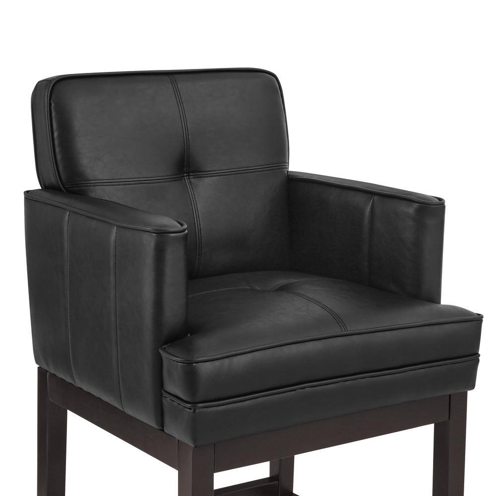 Black faux leather bar stool with deep tufting on the seat, front view.