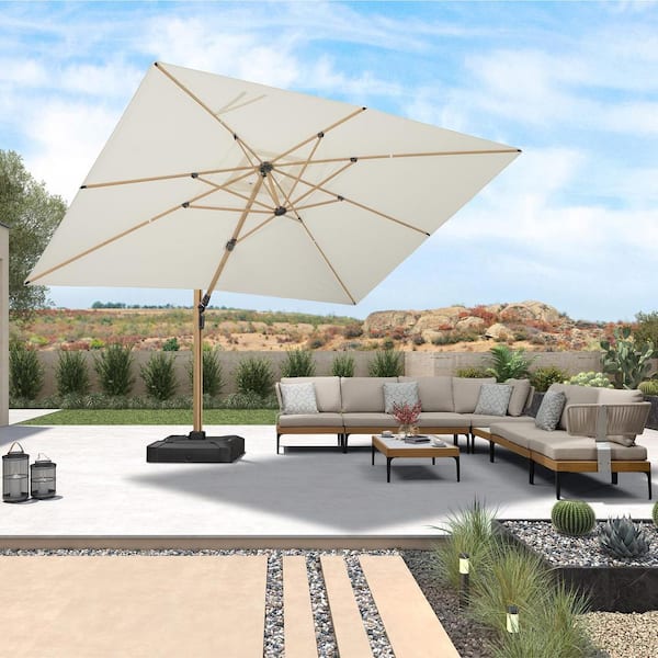 PURPLE LEAF 10 ft. x 13 ft. Cantilever Patio Umbrella Teak Finished Rotation Umbrella with Base, Cream