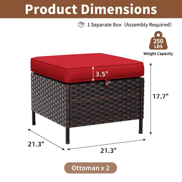 Dark Brown Wicker Outdoor Ottoman Patio Footstool with Red Cushion (2-Pack)