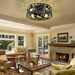 18 in. Indoor Black Farmhouse Caged Ceiling Fan with Light, 4-light Flush Mount Ceiling Fan with Remote