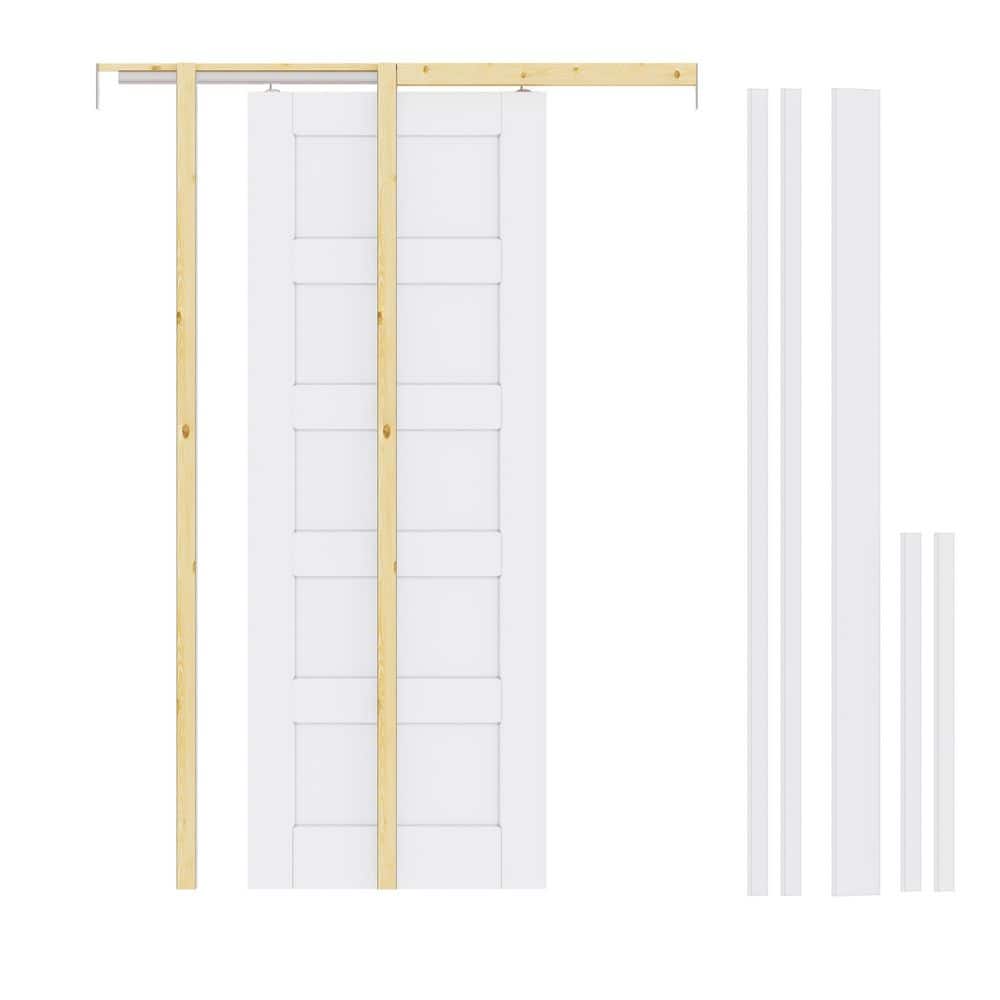 32 in. x 80 in. White Primed 5-Lite Solid Core Wood Sliding Pocket Door with Pocket Door Frame, Jamb and Hardware Kit price history on PriceWatchPro