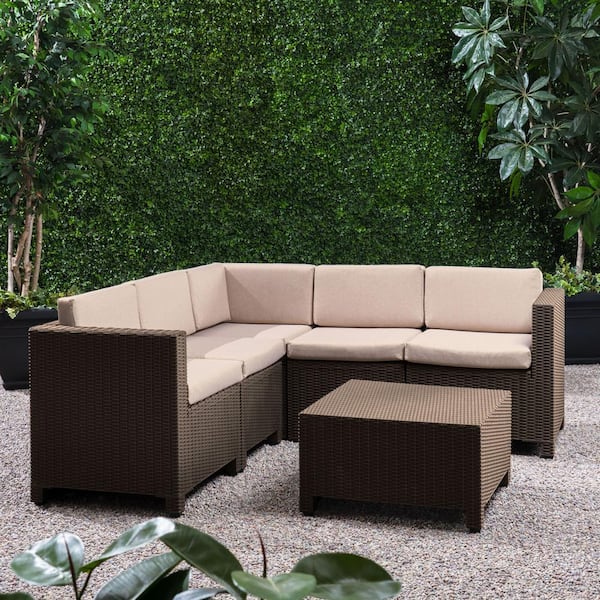 Noble House Waverly Dark Brown 6-Piece Faux Wicker Patio Sectional Seating Set with Beige Cushions