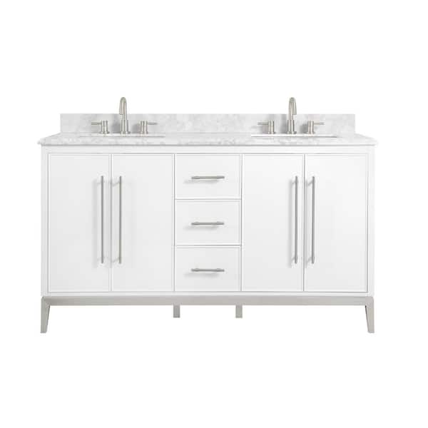 Home Decorators Collection Montebell 61 in. W x 22 in. D x 35 in. H Double Sink Freestanding Vanity in White w/ Carrara Marble Top w/ White Sink