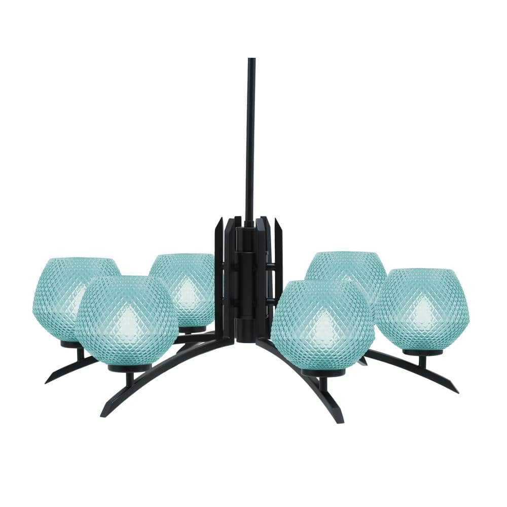 Siena 6-Light Matte Black Chandelier, Round Chandelier with Turquoise Glass