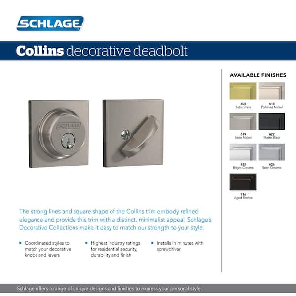 Schlage B60 N COL 626 Deadbolt with Collins Trim Keyed 1 Side, Highest  Residential Security, Satin Chrome